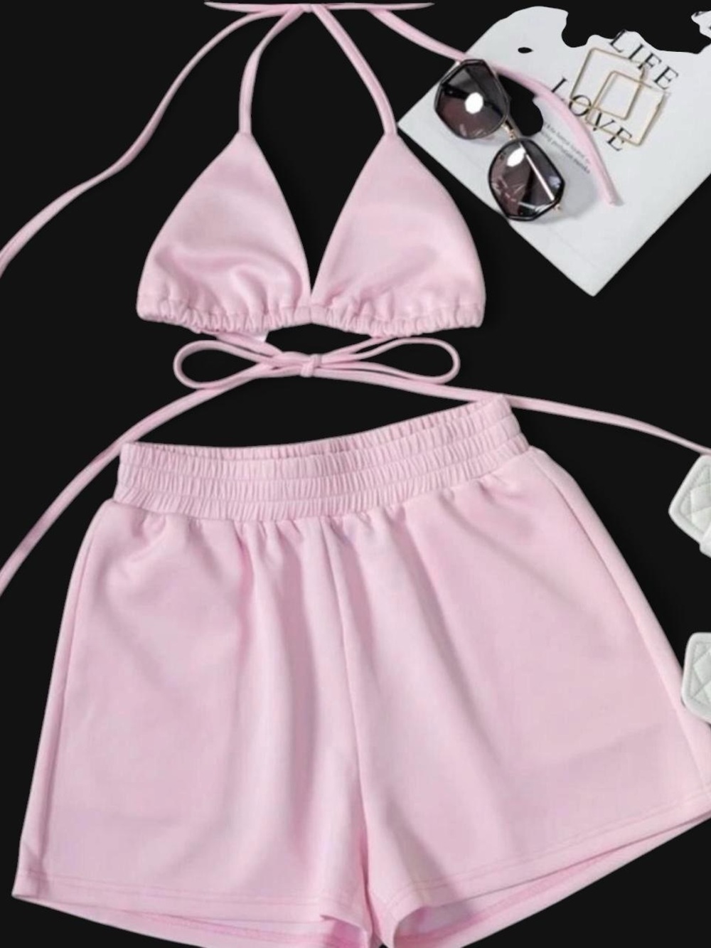 2 PC Pink Tie backless Halter Crop Top & Short Set
